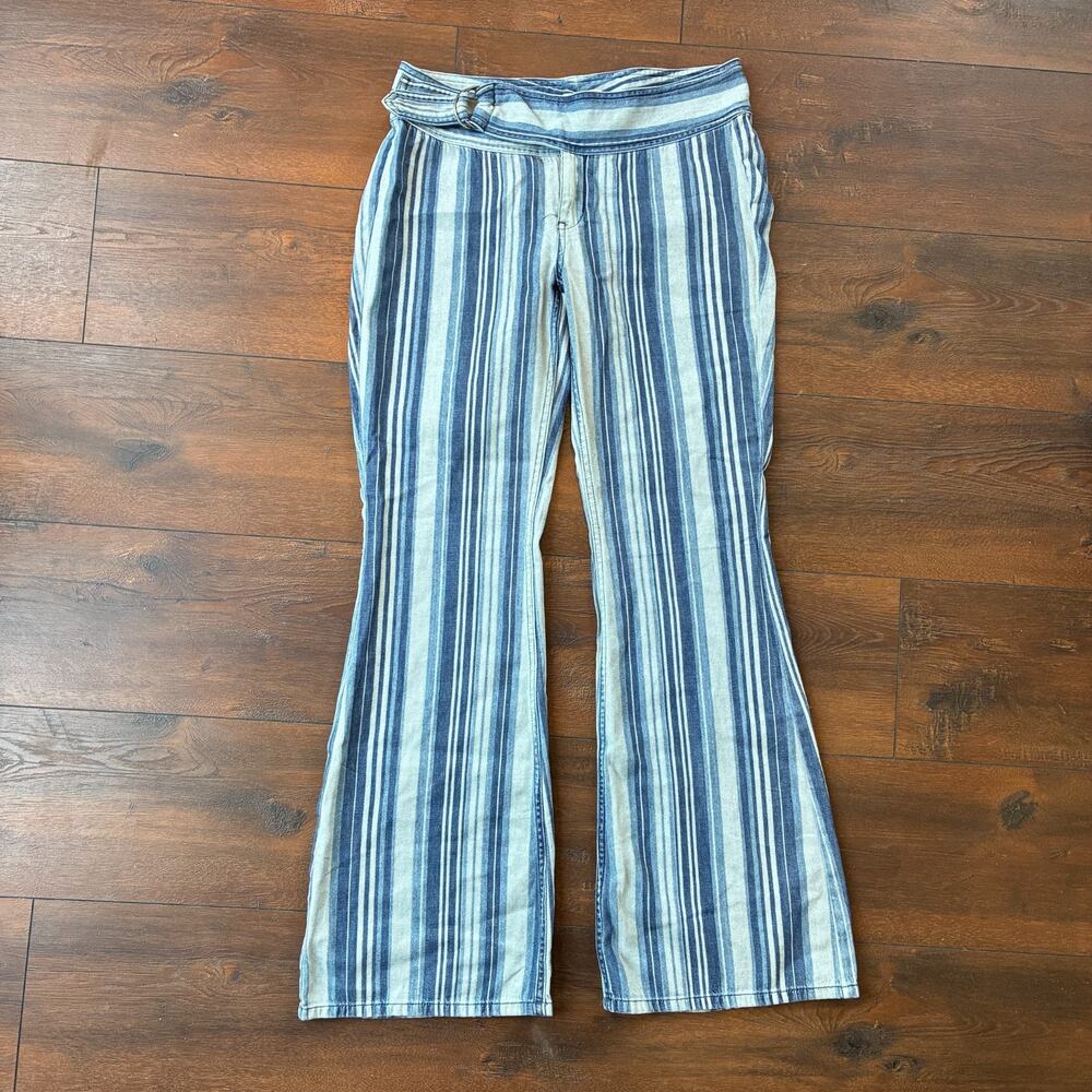 Free People We The Free Indigo Haze Journey Striped Flare Jeans Belted Boho, 29